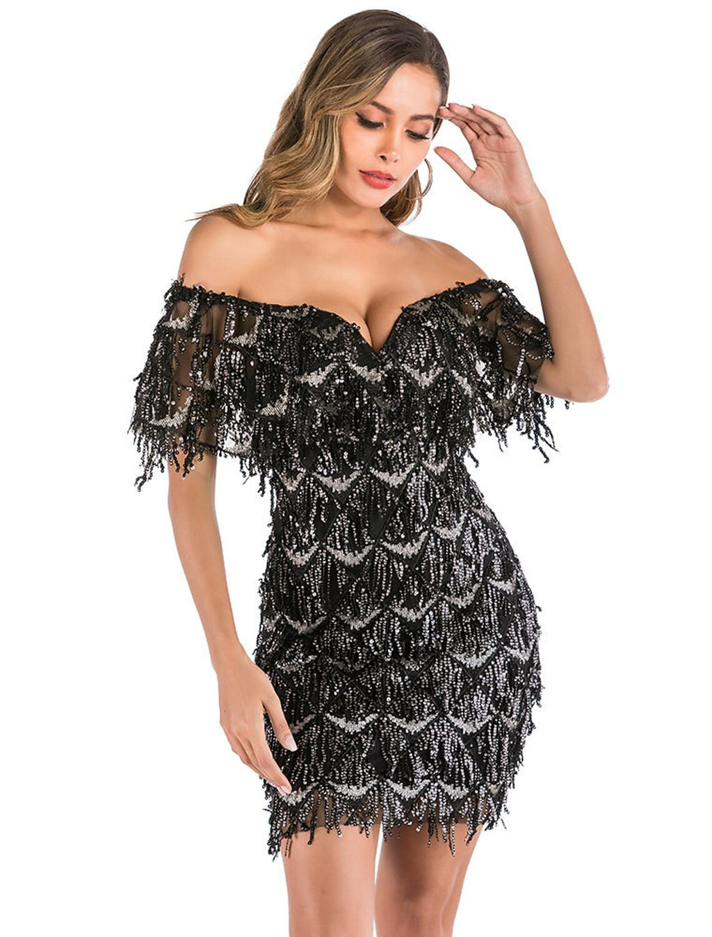 Party Dresses Flapper Dress Party Wear Knee Length Short Sleeve V Neck Backless with Tiered