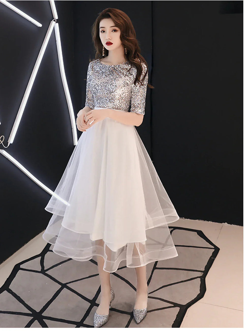 White Sparkle Cocktail Party Prom Dress Jewel Neck Half Sleeve Tea Length