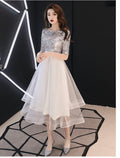 White Sparkle Cocktail Party Prom Dress Jewel Neck Half Sleeve Tea Length