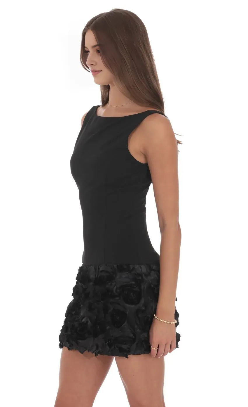 Black leek Sleeveless Homecoming Dress Boat Neckline 3D Floral Ruffle Hem A Timelessly Chic Choice for Enchanting School Dances