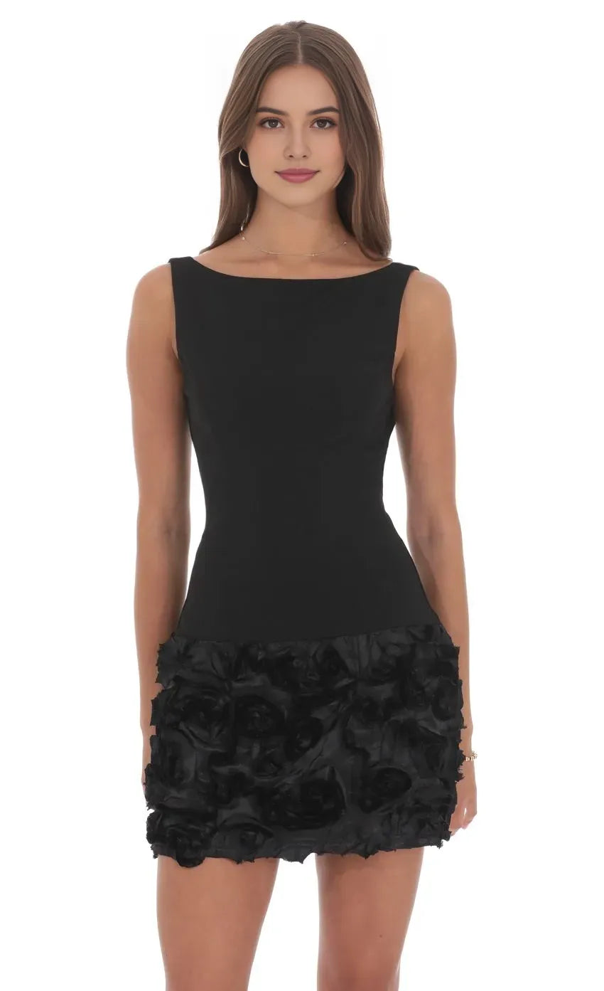 Black leek Sleeveless Homecoming Dress Boat Neckline 3D Floral Ruffle Hem A Timelessly Chic Choice for Enchanting School Dances
