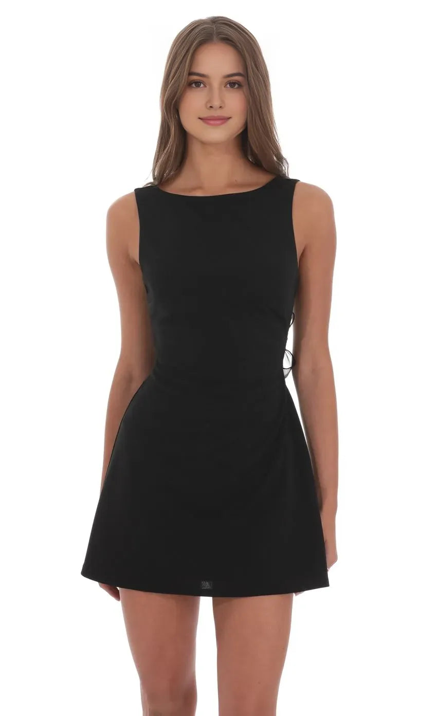 Black leek Sleeveless Homecoming Dress Boat Neckline Side Cut Out Detail A Minimalist Chic Must Have for Trendy School Dances