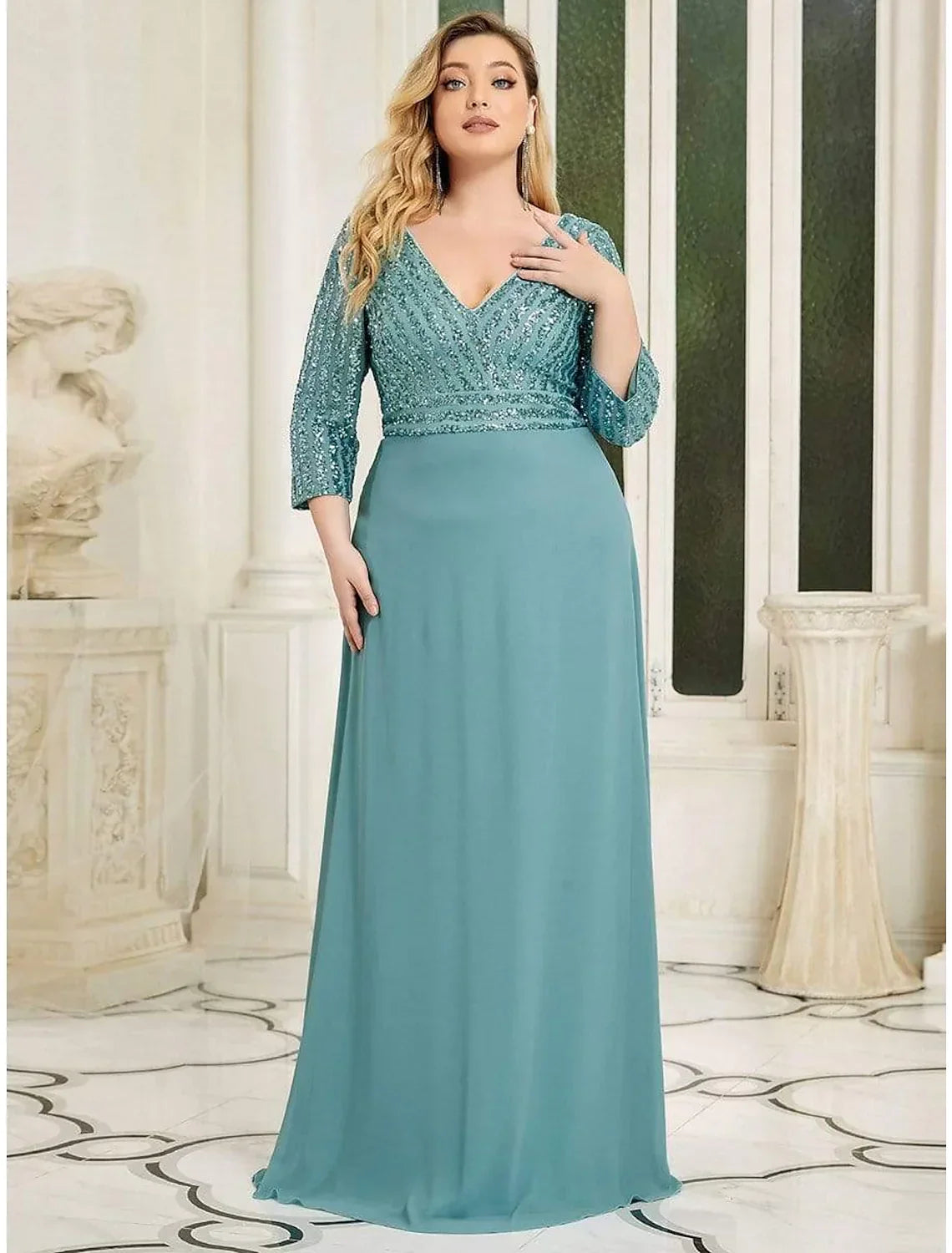 Evening Gown Plus Size Dress Wedding Guest Floor Length Length Sleeve V Neck V Back