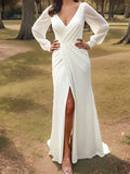 legant Deep V - Neck Wedding Dress Sheer Lantern Sleeves Draped Detail High Side Slit