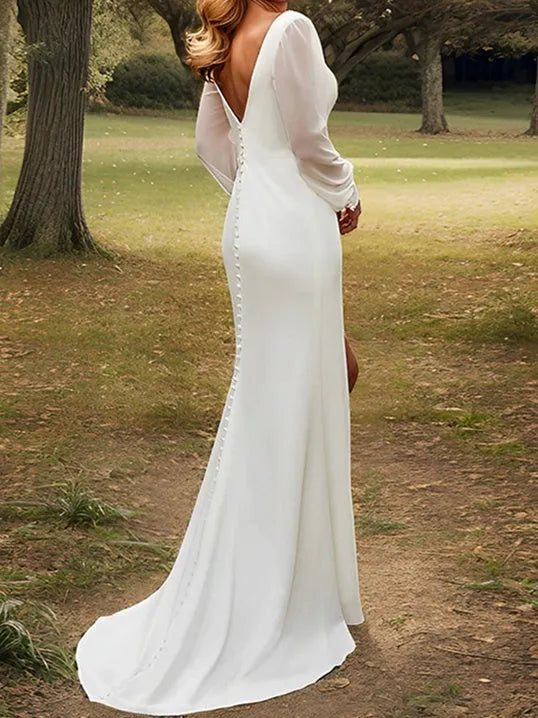 legant Deep V - Neck Wedding Dress Sheer Lantern Sleeves Draped Detail High Side Slit