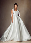 legant Ball Gown Wedding Dress with Square Neckline Bow - Accented Straps and Structured Corset Bodice for Timeless Bridal Glamour