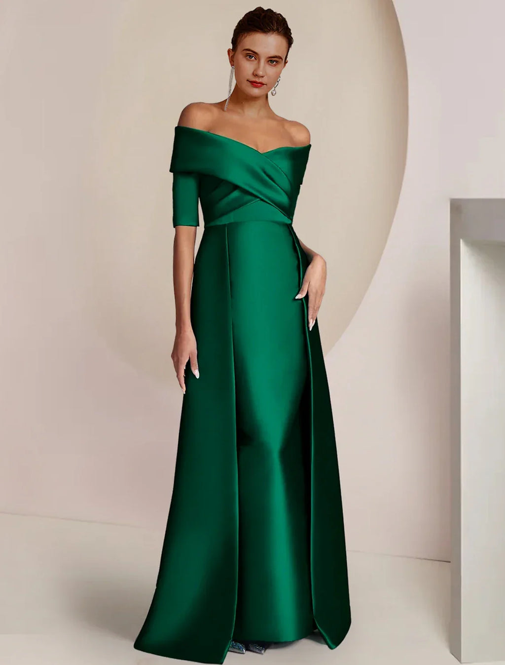Sheath / Column Mother of the Bride Dress Formal Wedding Guest Party Elegant Formal Party Half Sleeve Off Shoulder Floor Length with Overskirts Ruching