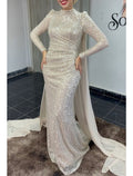 Mermaid / Trumpet Evening Gown Elegant Dress Wedding Guest Sweep / Brush Train Long Sleeve High Neck with Pearls Overskirt