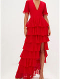 Green Evening Dress Red Dress Elegant Wedding Guest Formal V Neck Short Sleeve Floor Length with Ruffles Tier