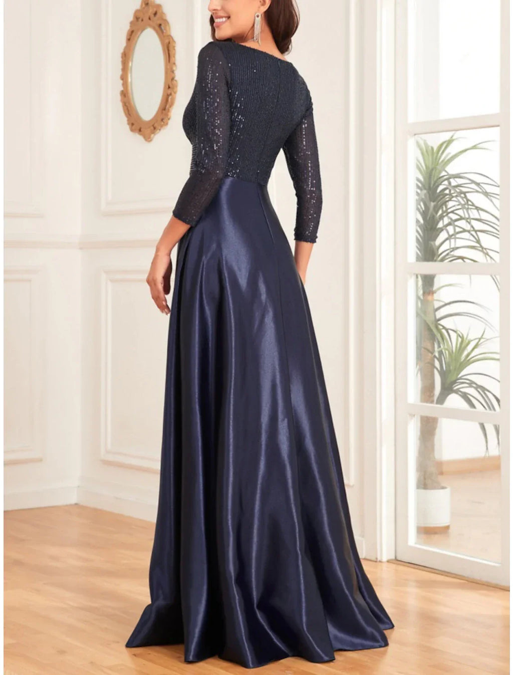 Mother of the Bride Dress Wedding Guest Elegant V Neck Floor Length 3/4 Length Sleeve with Ruching