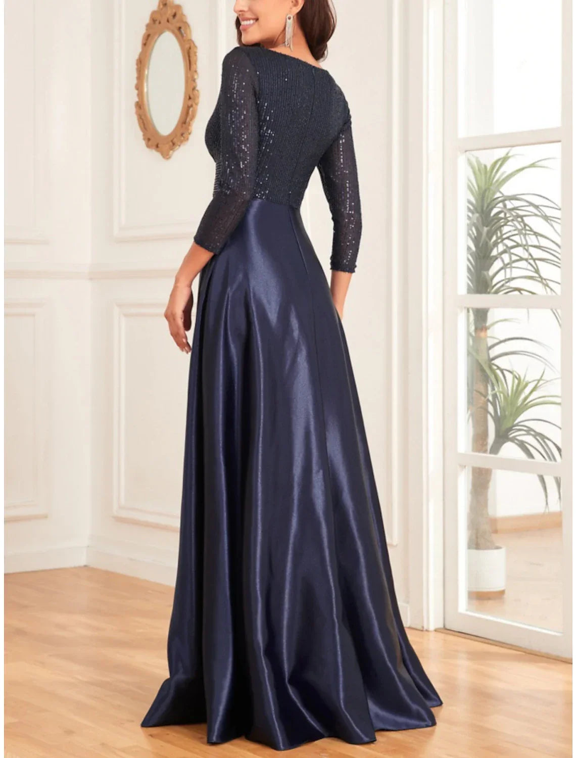 Mother of the Bride Dress Wedding Guest Elegant V Neck Floor Length 3/4 Length Sleeve with Ruching