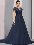 Mother of the Bride Dress Formal Wedding Guest Party Elegant Scoop Neck Sweep / Brush Train Short Sleeve with Appliques