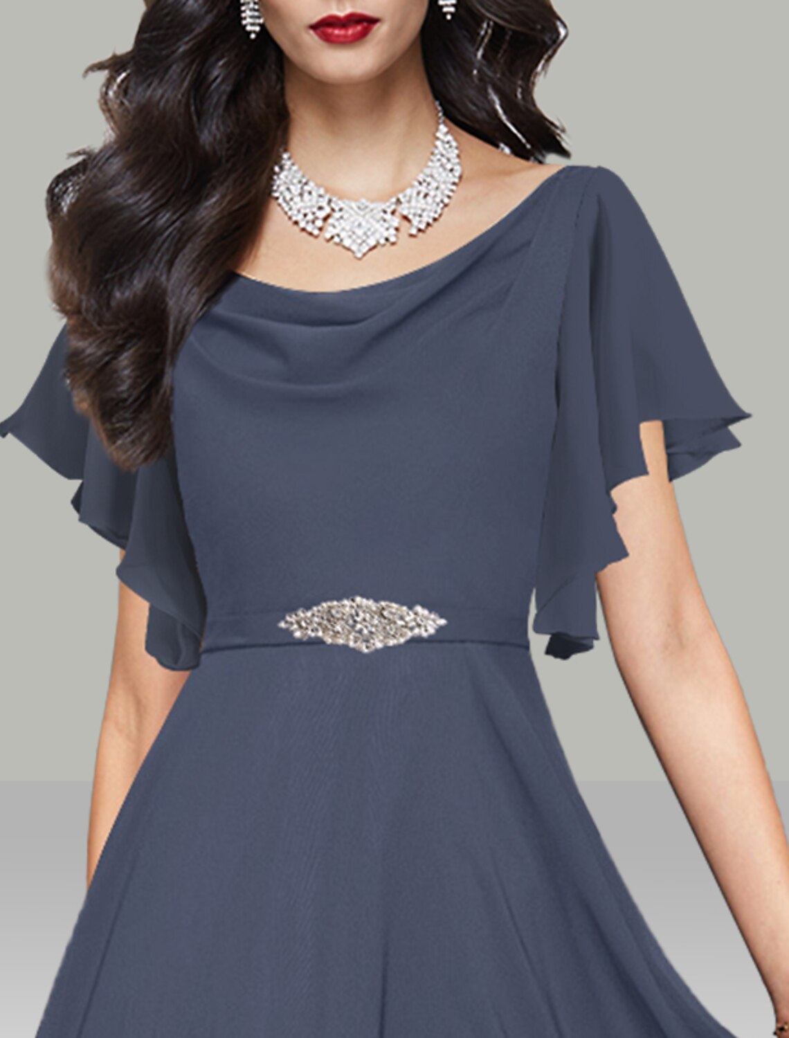 Wedding Guest Dresses Elegant Dress Cocktail Party Tea Length Short Sleeve Cowl Neck Belt / Sash with Rhinestone