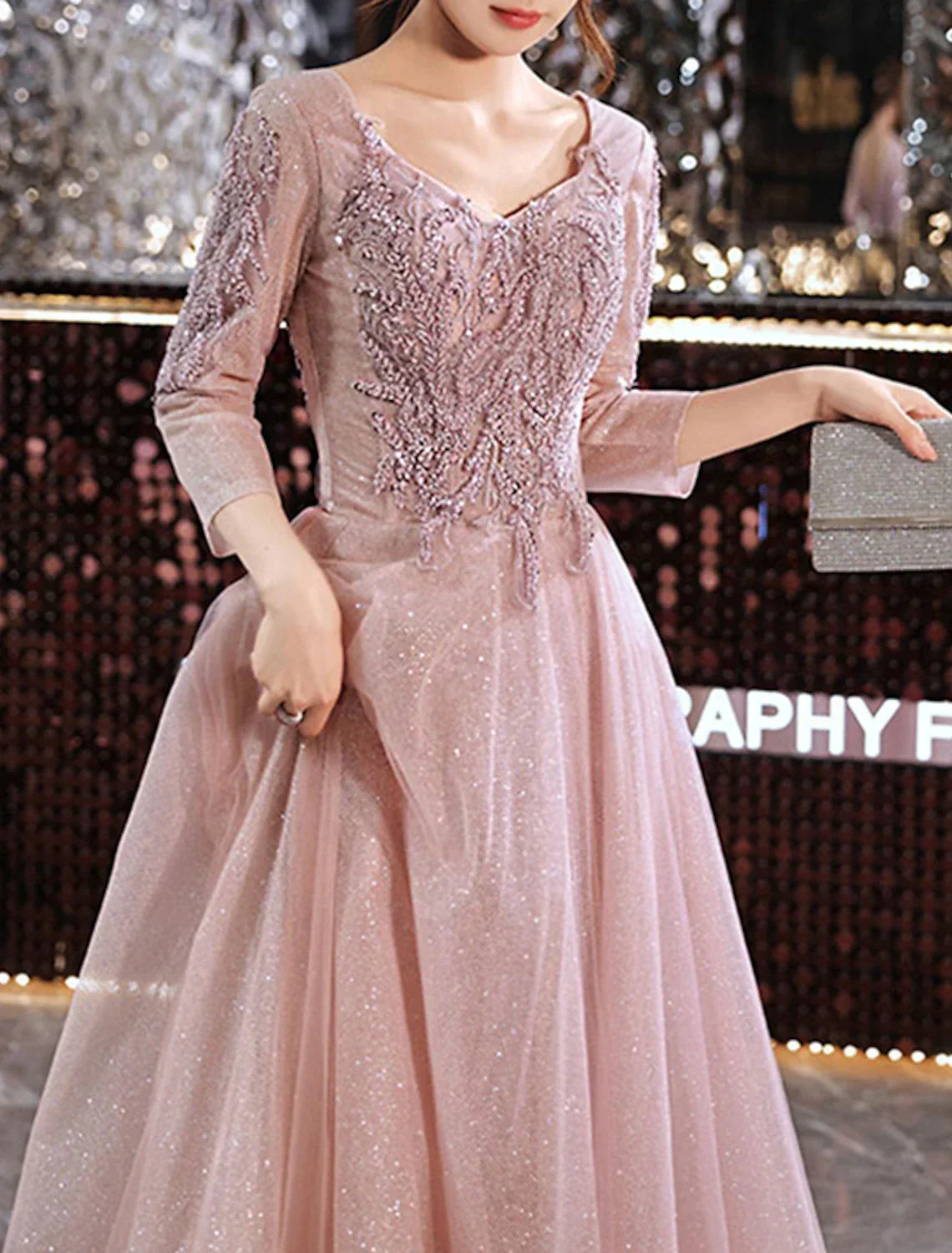 Wedding Guest Prom Floor Length 3/4 Length Sleeve V Neck with Appliques