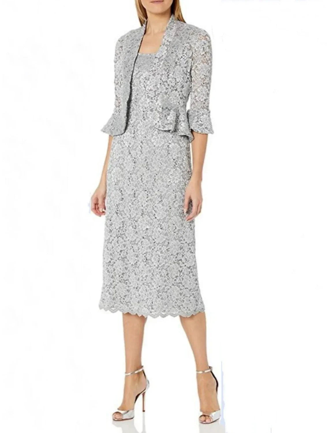Two Piece Mother of the Bride Dress Wedding Guest Minimalist Elegant Scoop Neck Tea Length 3/4 Length Sleeve with Split Front