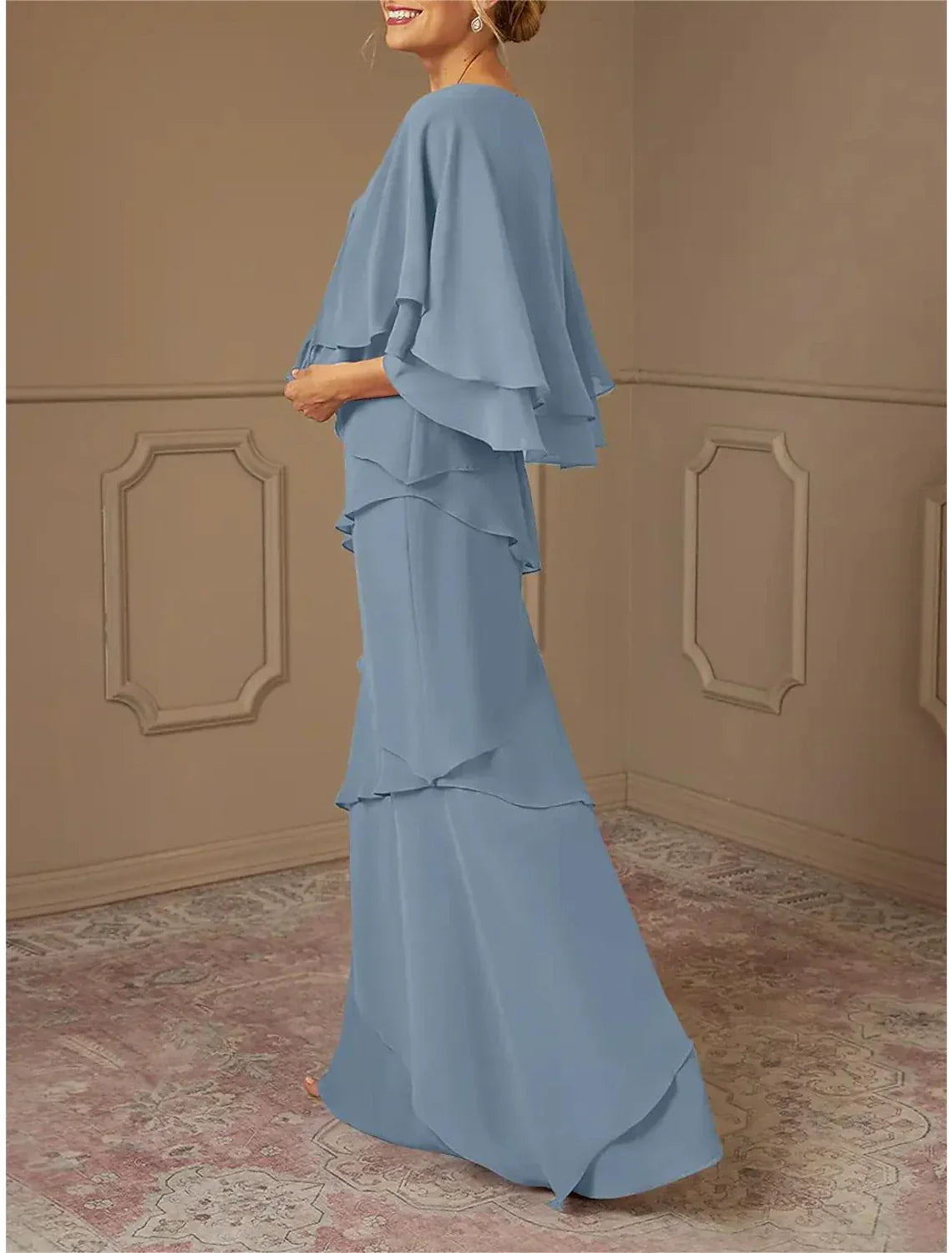 Mother of the Bride Dress Formal Wedding Guest Elegant V Neck Floor Length Half Sleeve Wrap Included with Cascading Ruffles Solid Color