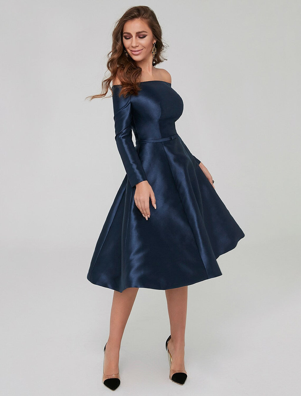 Wedding Knee Length Long Sleeve Off Shoulder with Pleats