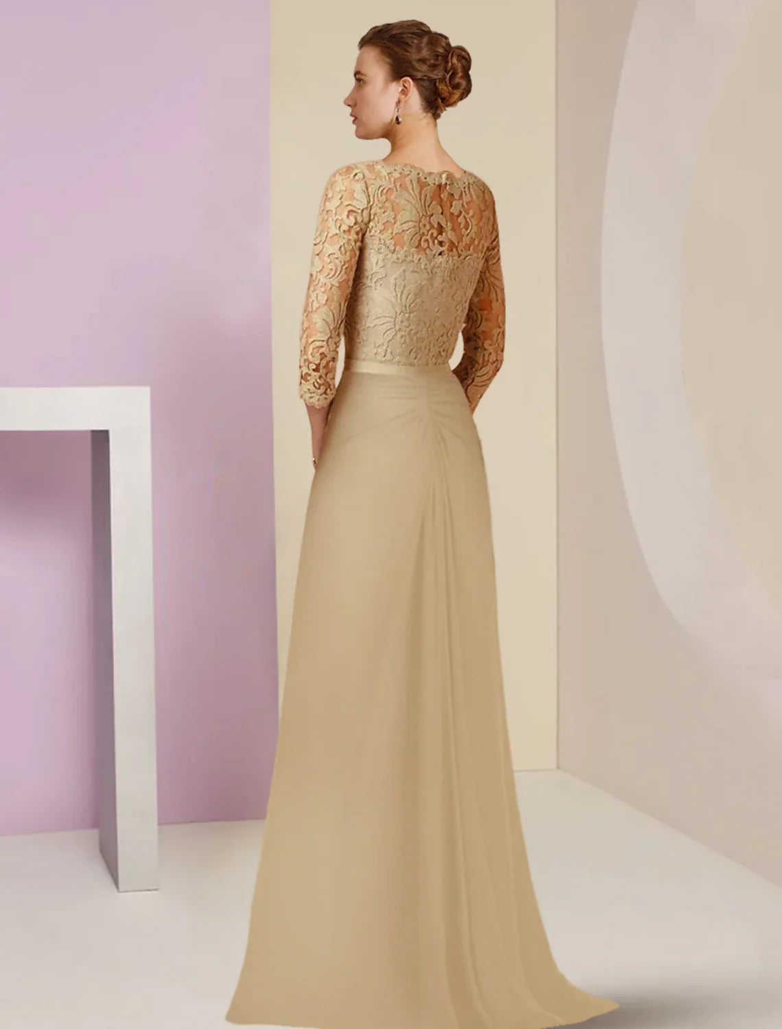 Sheath / Column Mother of the Bride Dress Formal Wedding Guest Party Elegant Scoop Neck Floor Length 3/4 Length Sleeve with Bow(s) Appliques