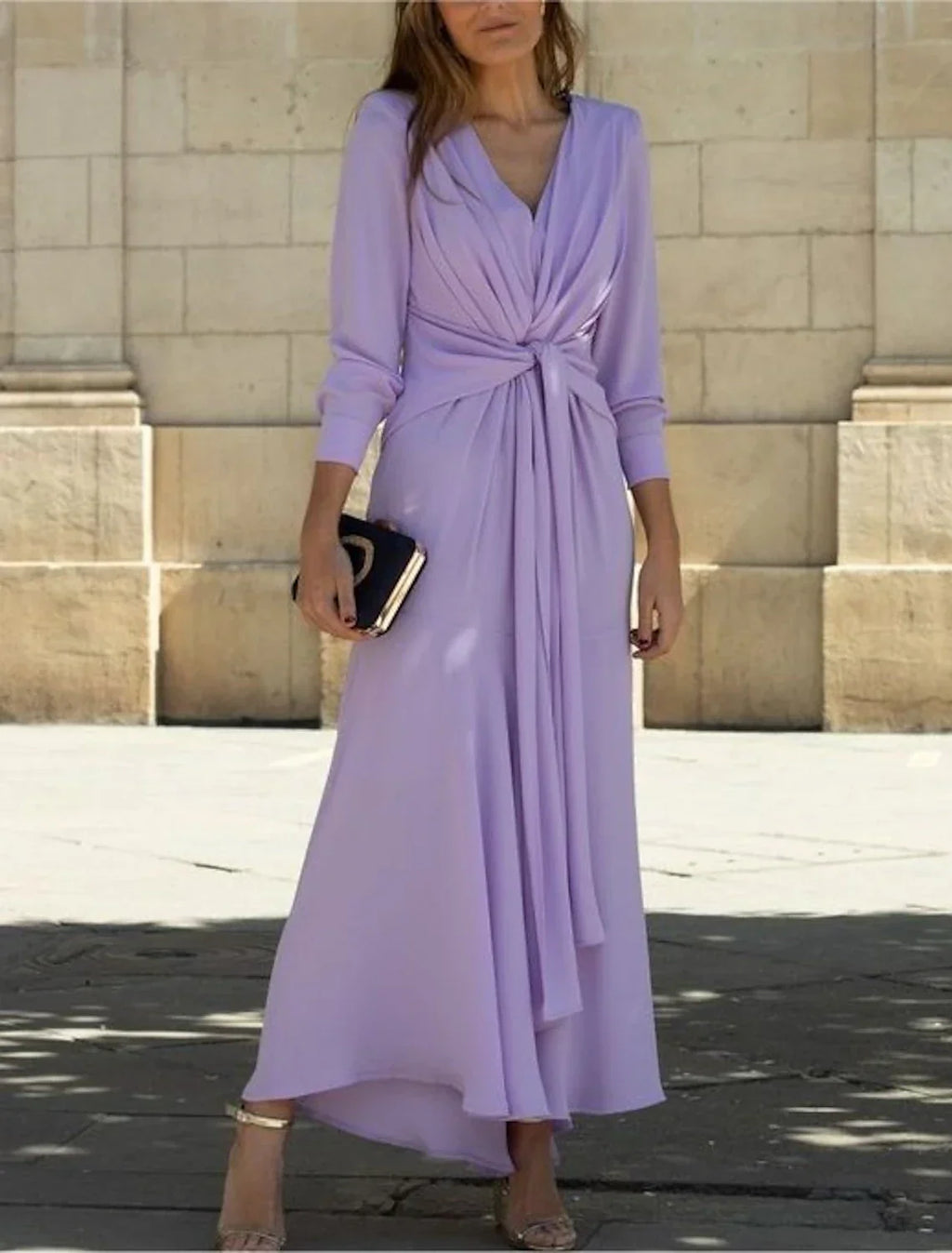 Mother of the Bride Dress Formal Wedding Guest Elegant V Neck Ankle Length 3/4 Length Sleeve with Ruching Solid Color