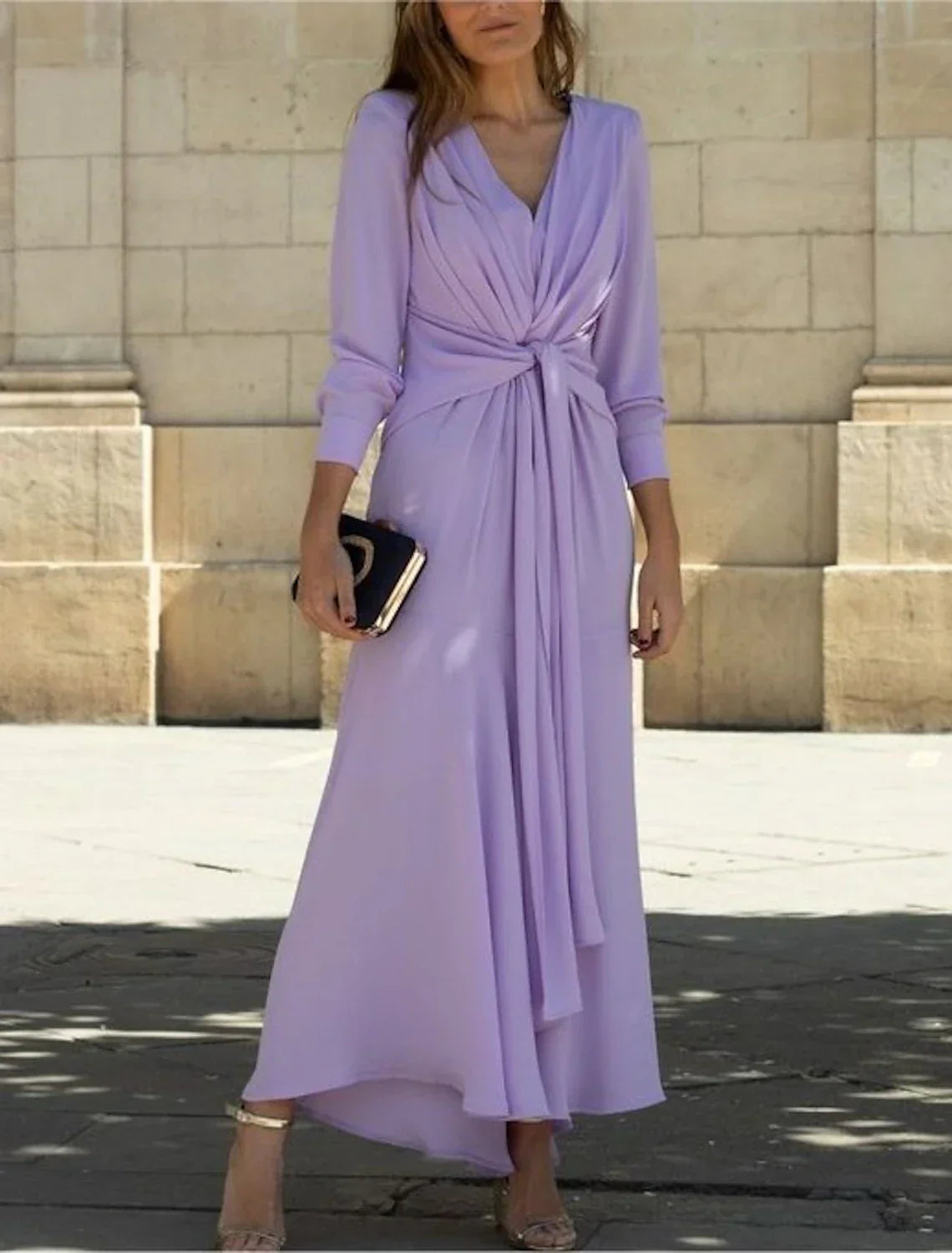 Mother of the Bride Dress Formal Wedding Guest Elegant V Neck Ankle Length 3/4 Length Sleeve with Ruching Solid Color