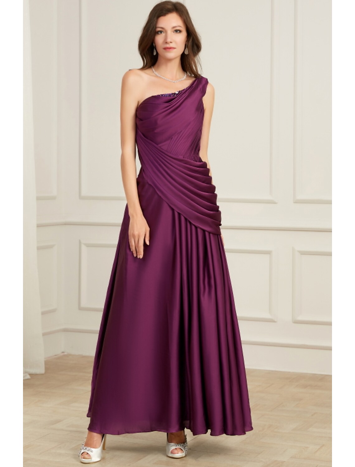 Evening Gown Elegant Dress Wedding Floor Length Sleeveless One Shoulder with Pleats Ruched