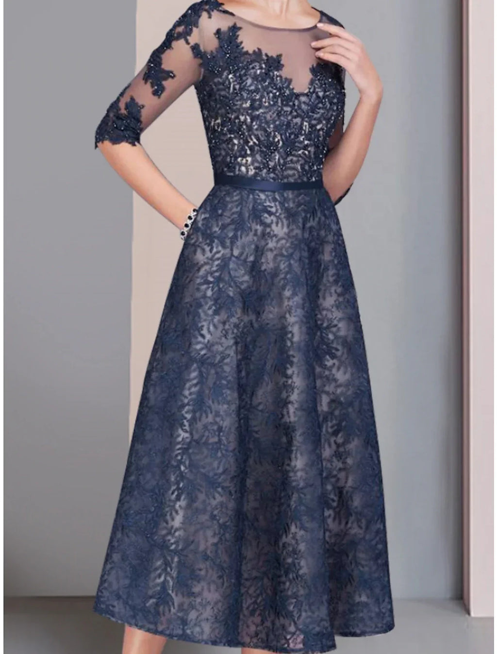 Mother of the Bride Dress Wedding Guest Elegant Scoop Neck Tea Length Half Sleeve with Ruching Solid Color