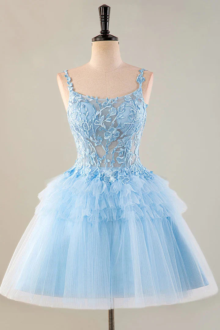 Tulle A-line Mini Spaghetti Straps Zip Back Homecoming Dress