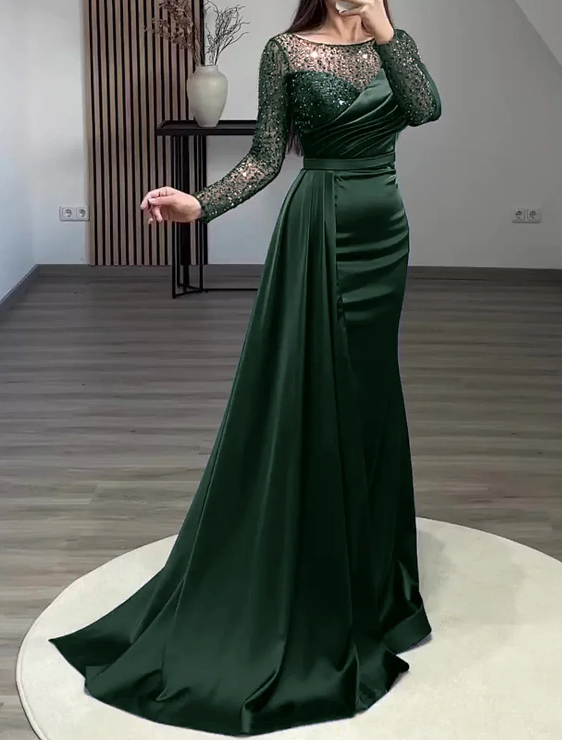 Green Mermaid Dress Evening Gown Christmas Red Dress Formal Wedding Guest Court Train Long Sleeve Jewel Neck Charmeuse with Ruched Pearls