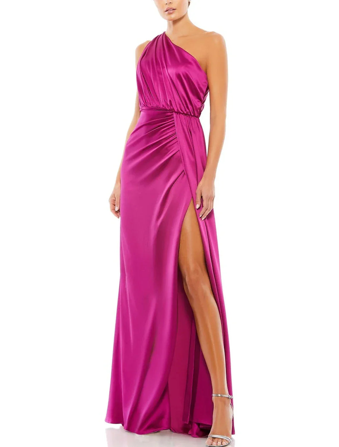 Evening Gown Elegant Dress Formal Wedding Floor Length Sleeveless One Shoulder Charmeuse with Ruched Slit