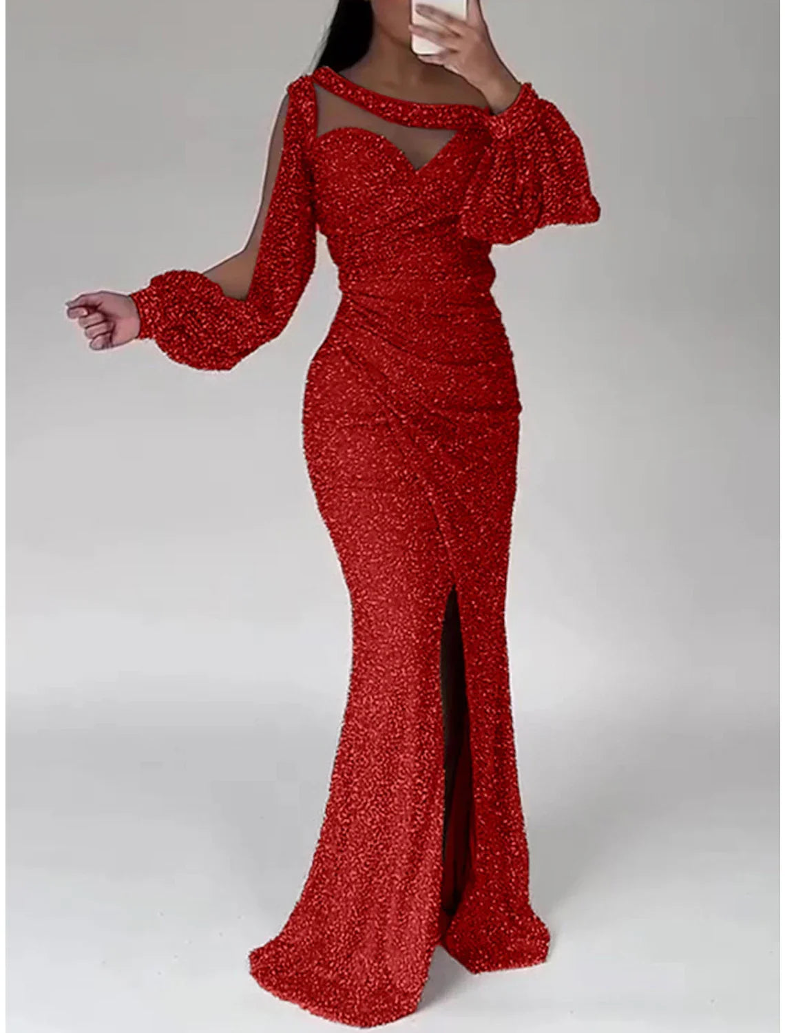 Green Mermaid Dress Evening Gown Christmas Red Dress Formal Sweep / Brush Train Long Sleeve Scoop Neck with Glitter Ruched Slit