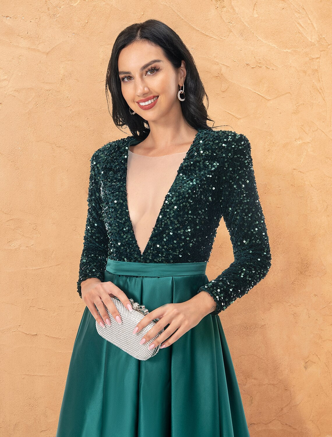 Ball Gown Cocktail Dresses Sparkle & Shine Dress Wedding Party Floor Length Long Sleeve V Neck