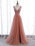 Party Wear Court Train Sleeveless V Neck with Pearls Embroidery
