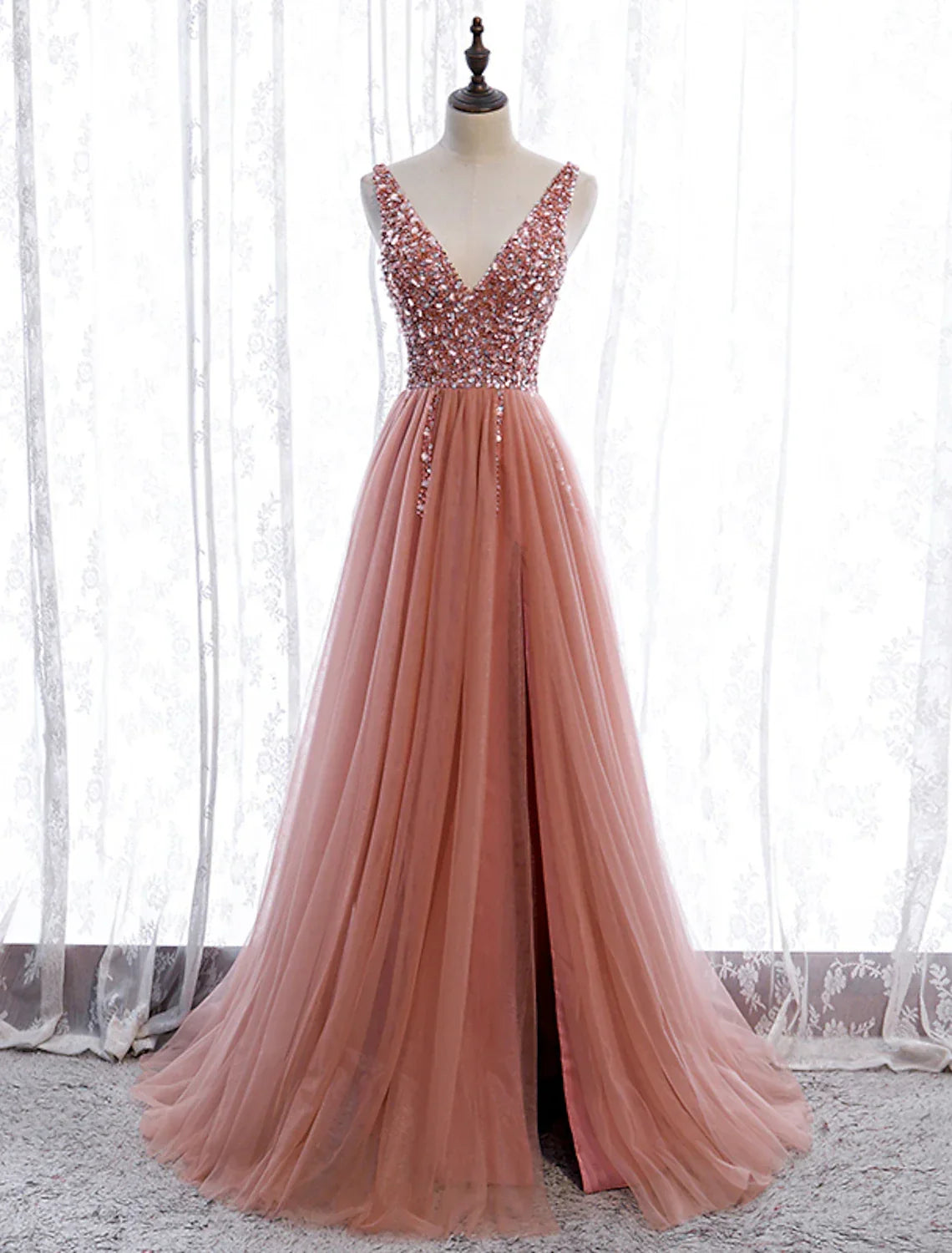 Party Wear Court Train Sleeveless V Neck with Pearls Embroidery