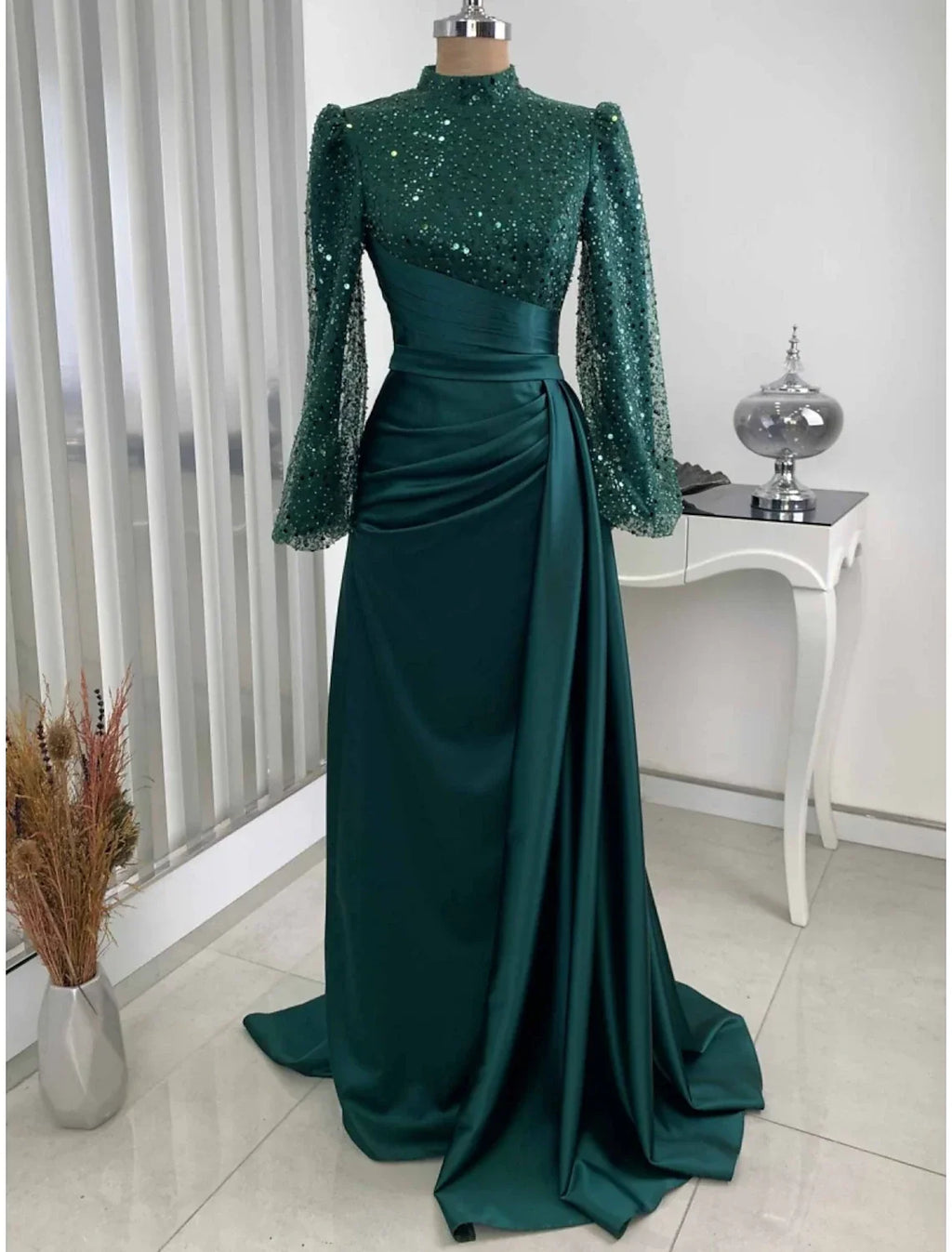 Evening Gown Champagne Christmas Elegant Dress Formal Sweep / Brush Train Long Sleeve High Neck with Glitter Pleats Ruched