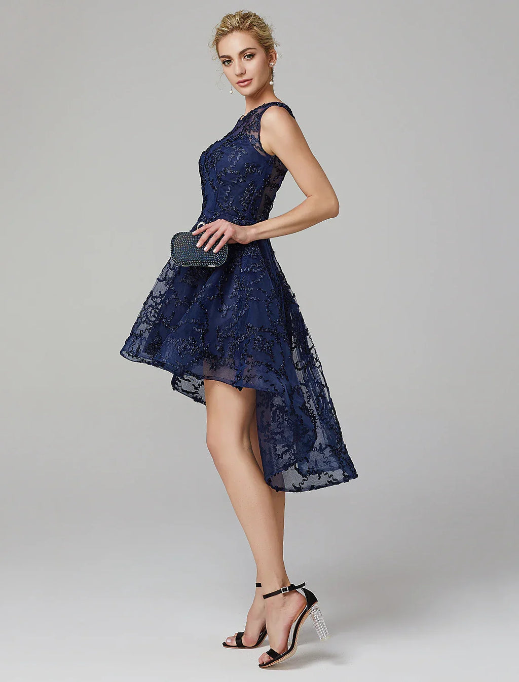 Hot Dress Wedding Guest Asymmetrical Sleeveless Illusion Neck with Appliques