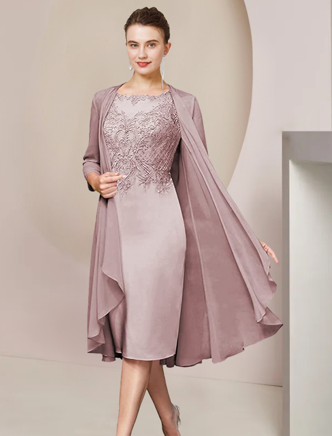 Two Piece Sheath / Column Mother of the Bride Dress Formal Wedding Guest Elegant Scoop Neck Knee Length Half Sleeve Jacket Dresses with Appliques