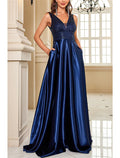 Mother of the Bride Dress Wedding Guest Party Sparkle & Shine Elegant V Neck Floor Length Sleeveless with Color Block