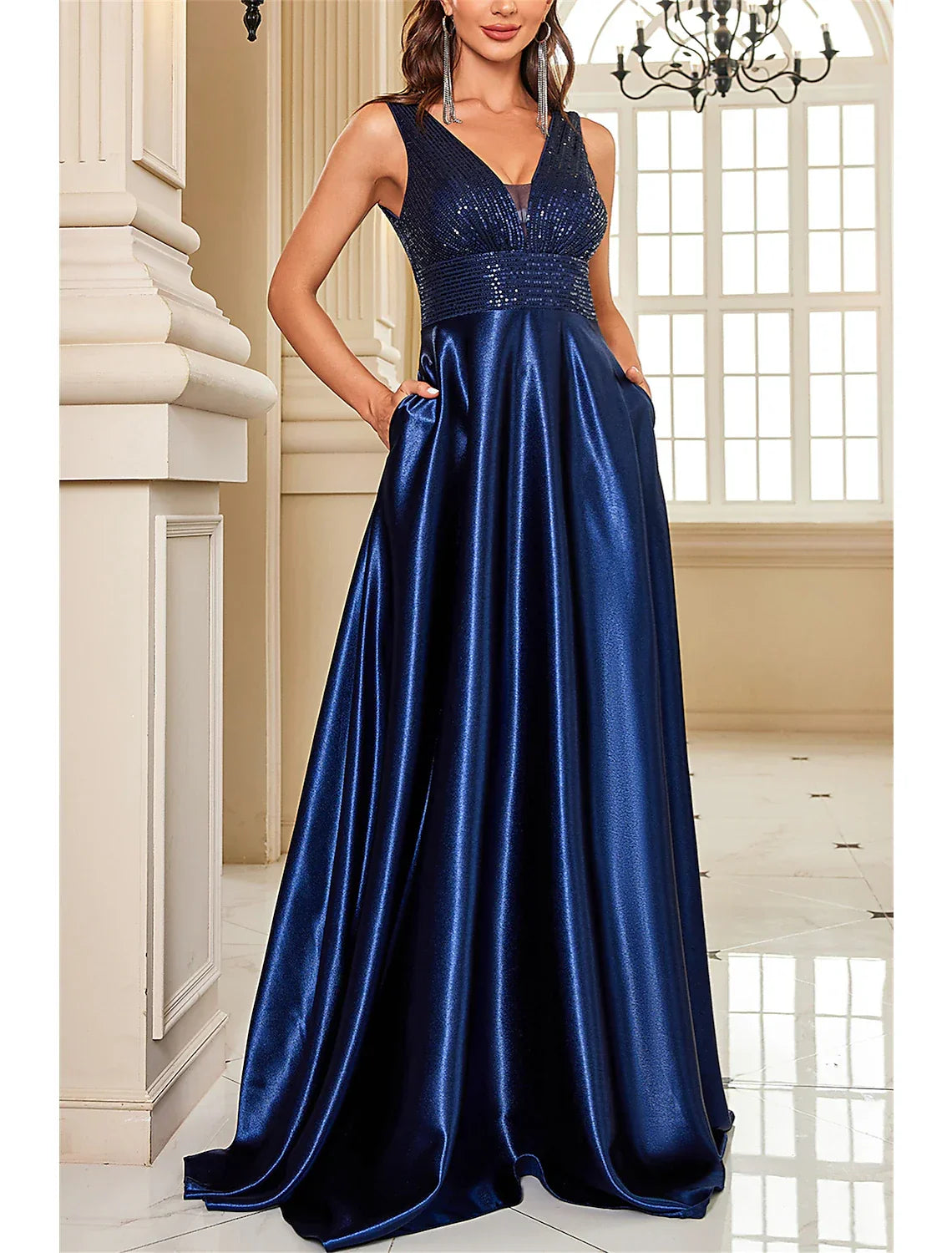 Mother of the Bride Dress Wedding Guest Party Sparkle & Shine Elegant V Neck Floor Length Sleeveless with Color Block