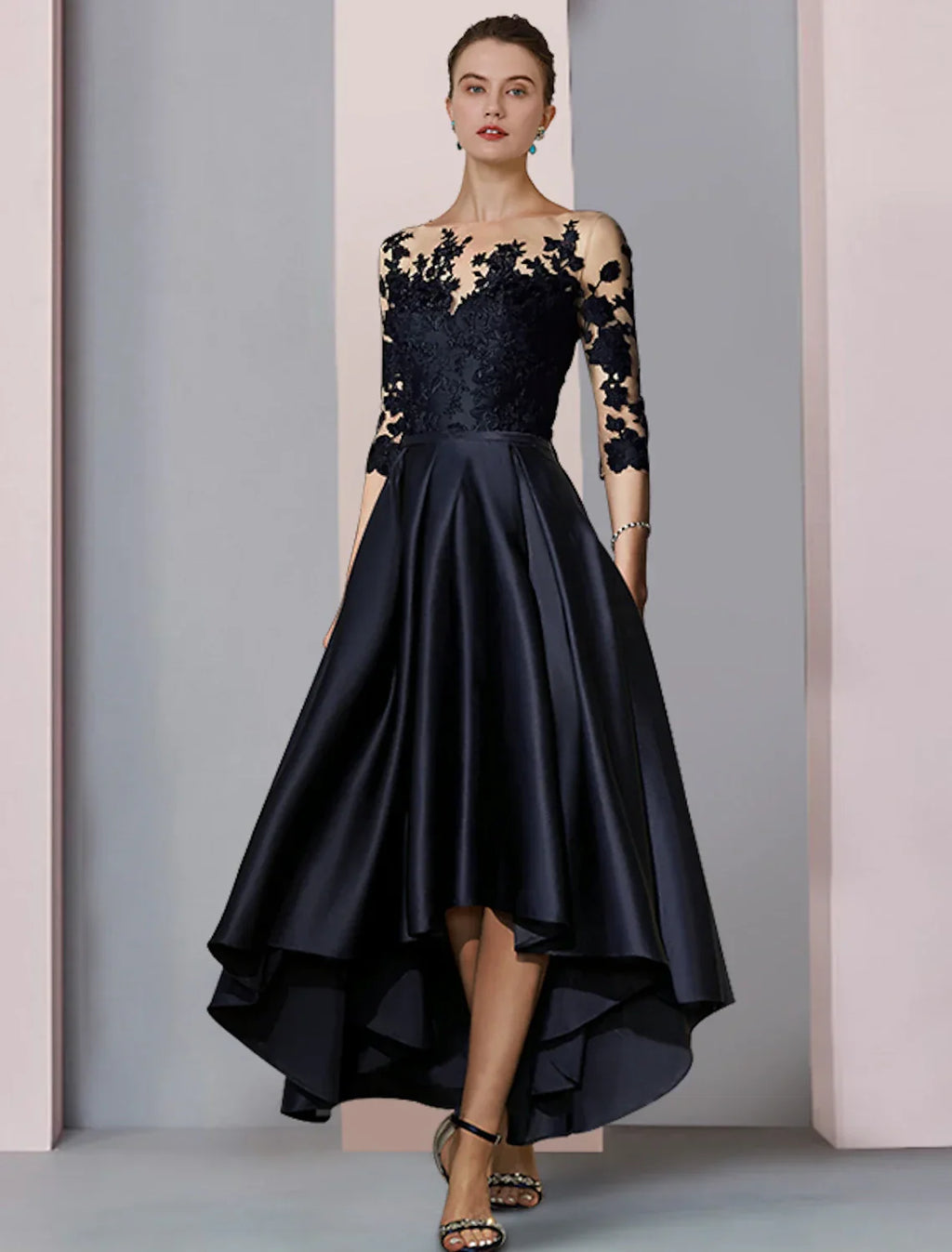 Mother of the Bride Dress Wedding Guest Elegant High Low Scoop Neck Asymmetrical Tea Length 3/4 Length Sleeve with Pleats Appliques