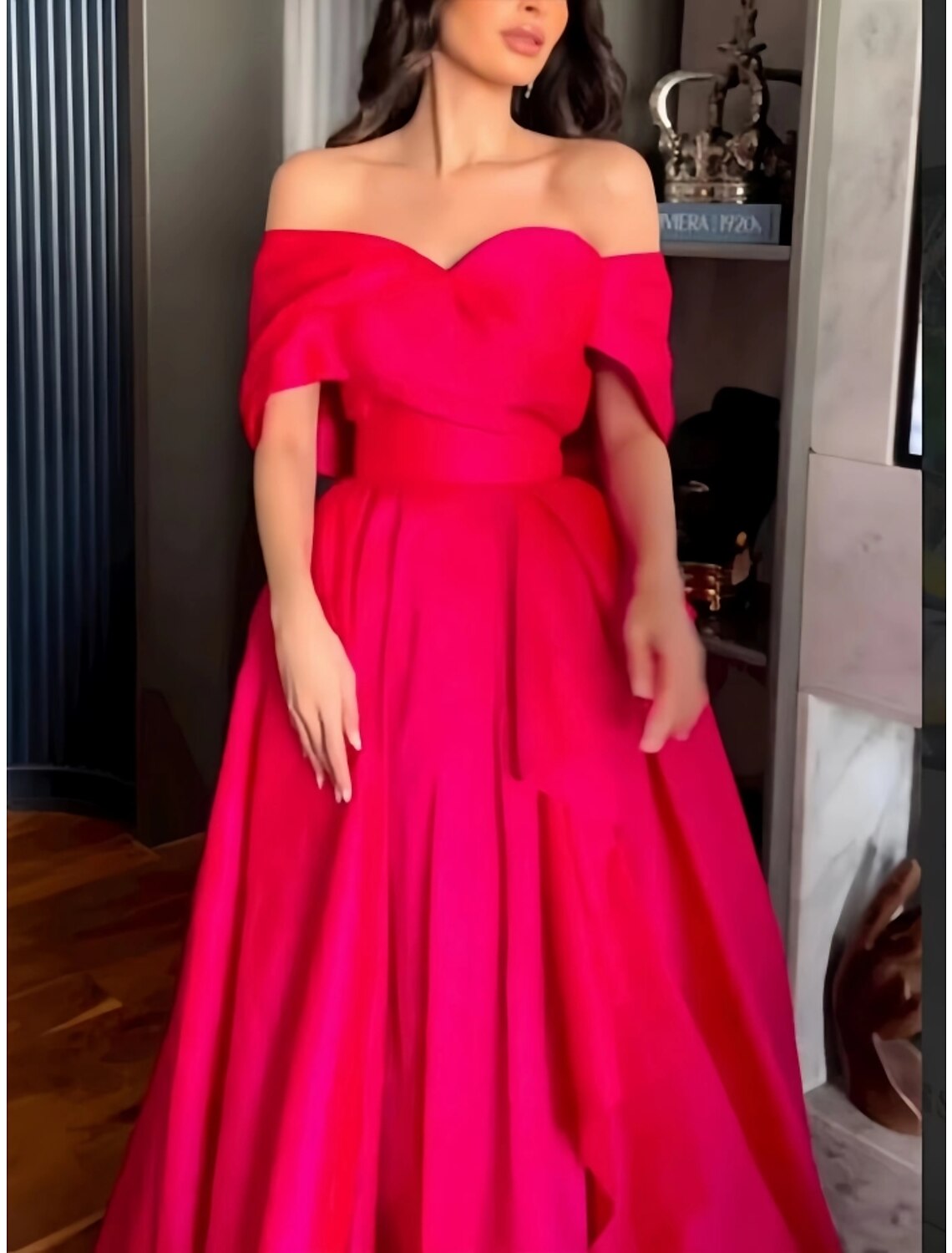 Green Evening Gown Elegant Dress Formal Floor Length Christmas Red Dress Short Sleeve Off Shoulder with Pleats