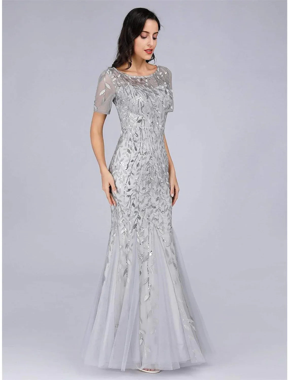 Party Wear Formal Evening Dress Short Sleeve Floor Length with Embroidery