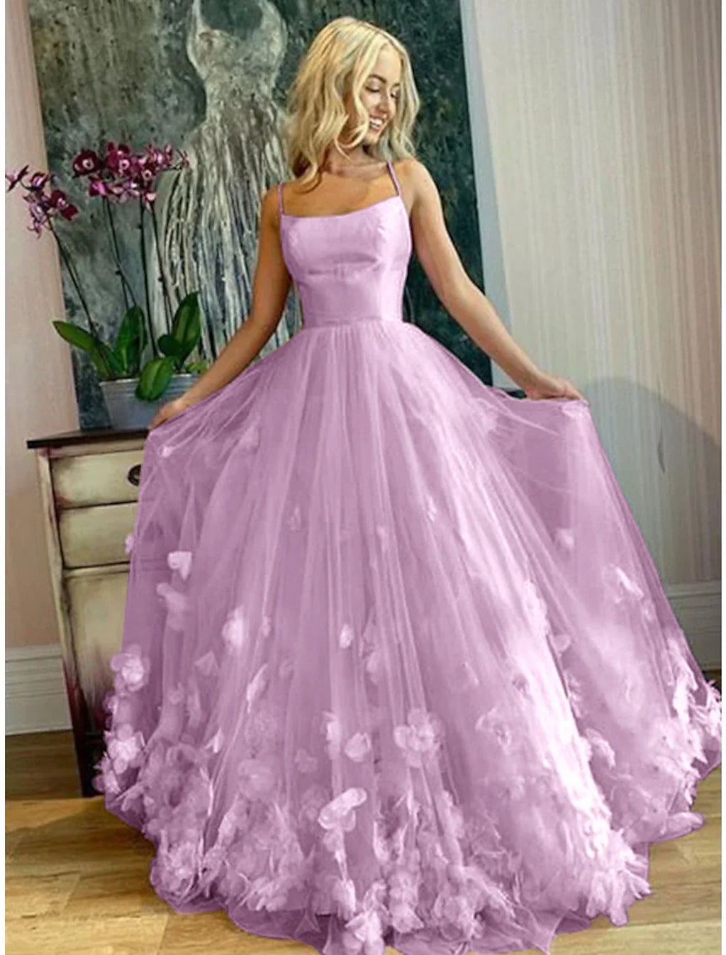 Floral Dress Performance Floor Length Sleeveless Spaghetti Strap with Pleats Appliques