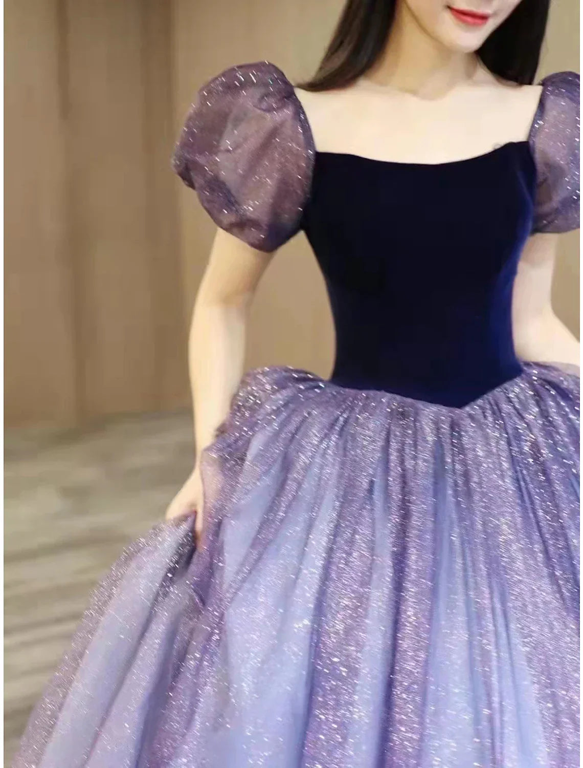 Engagement Floor Length Short Sleeve Square Neck with Splicing