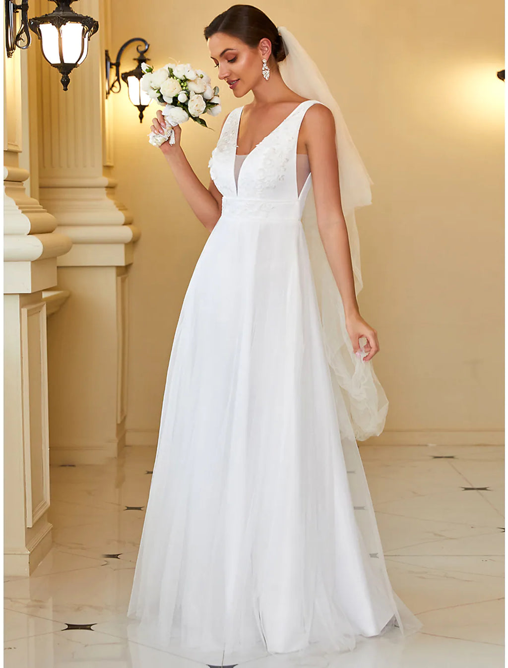 Casual Wedding Dresses Floor Length A-Line Sleeveless Pleats