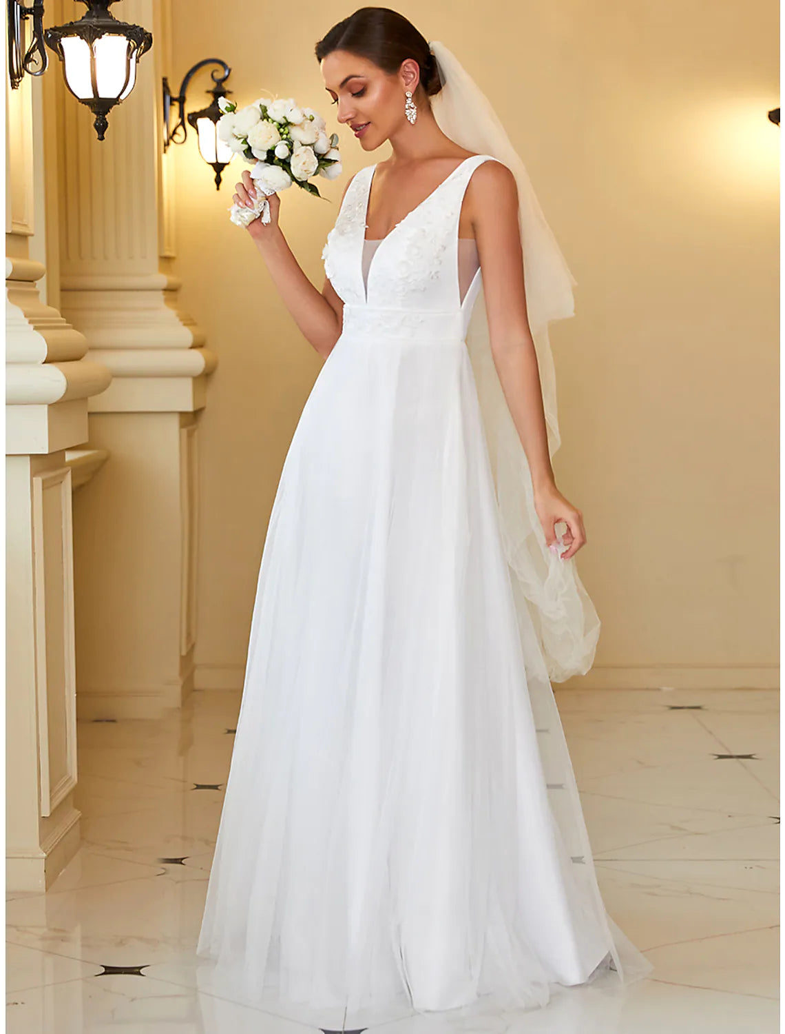 Casual Wedding Dresses Floor Length A-Line Sleeveless Pleats