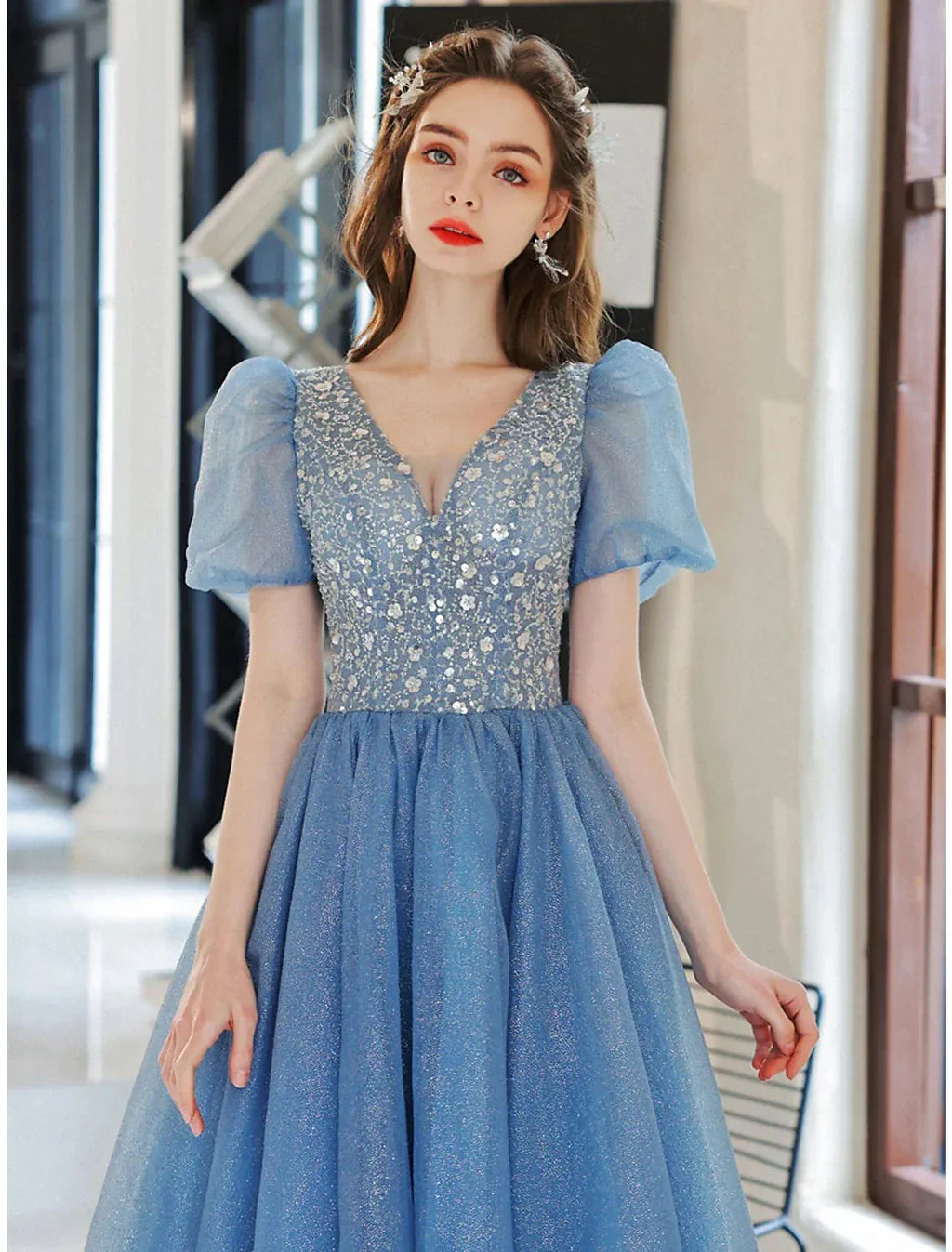 Ball Gown A-Line Evening Gown Floral Dress Prom Floor Length Short Sleeve V Neck with Glitter Beading