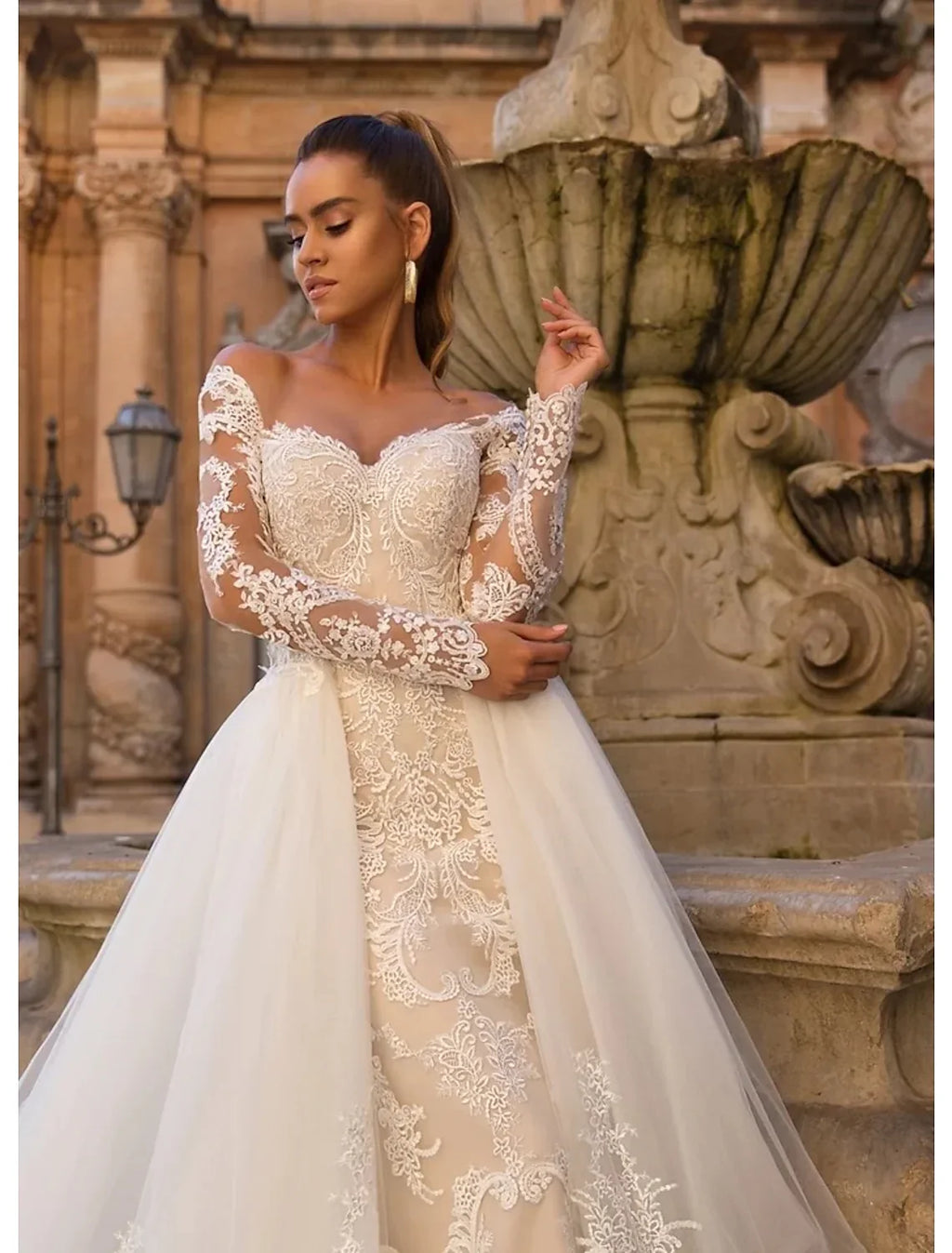 Engagement Open Back Formal Wedding Dresses Two Piece Long Sleeve Appliques