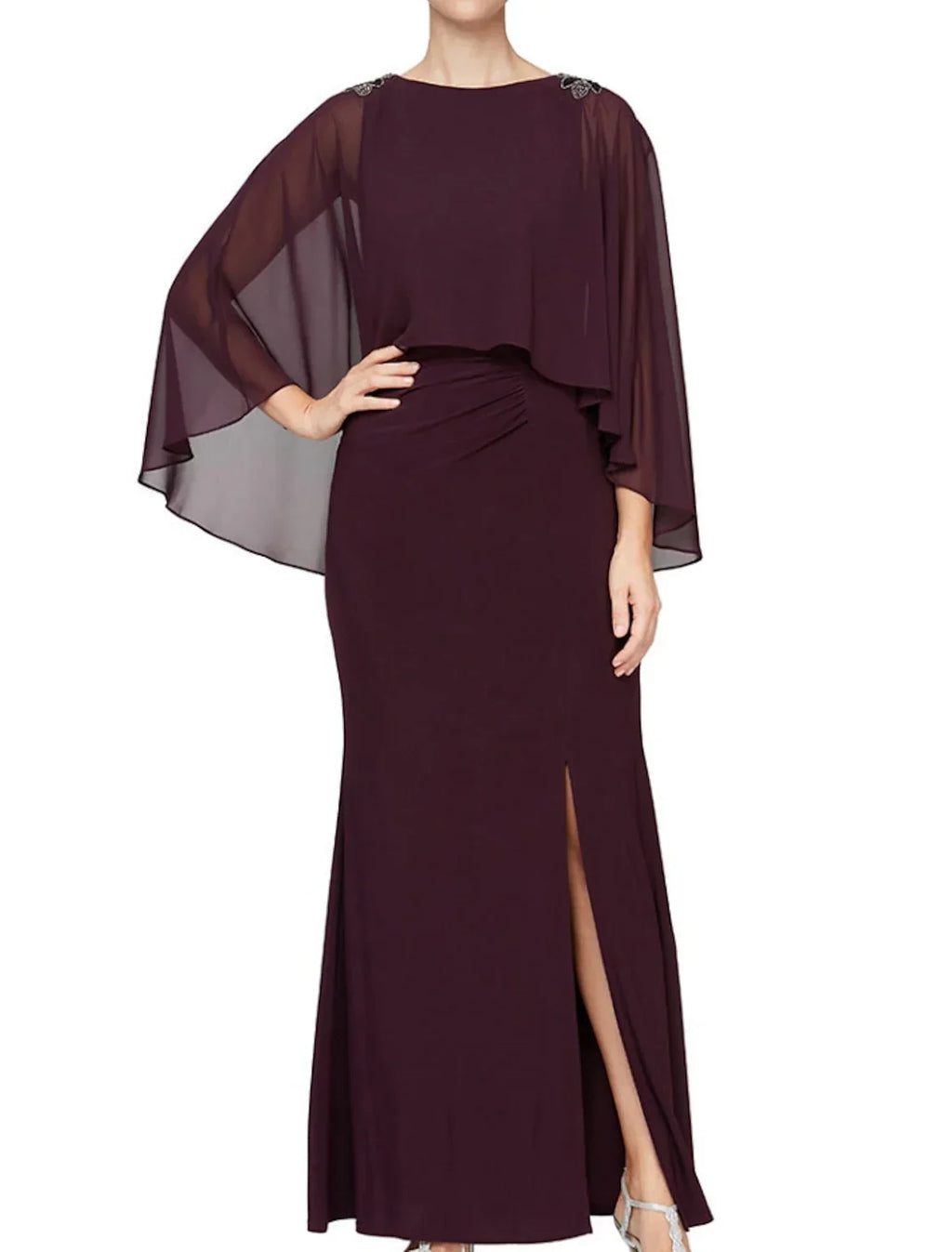 Mother of the Bride Dress Wedding Guest Elegant Jewel Neck Ankle Length Long Sleeve with Split Front Ruching