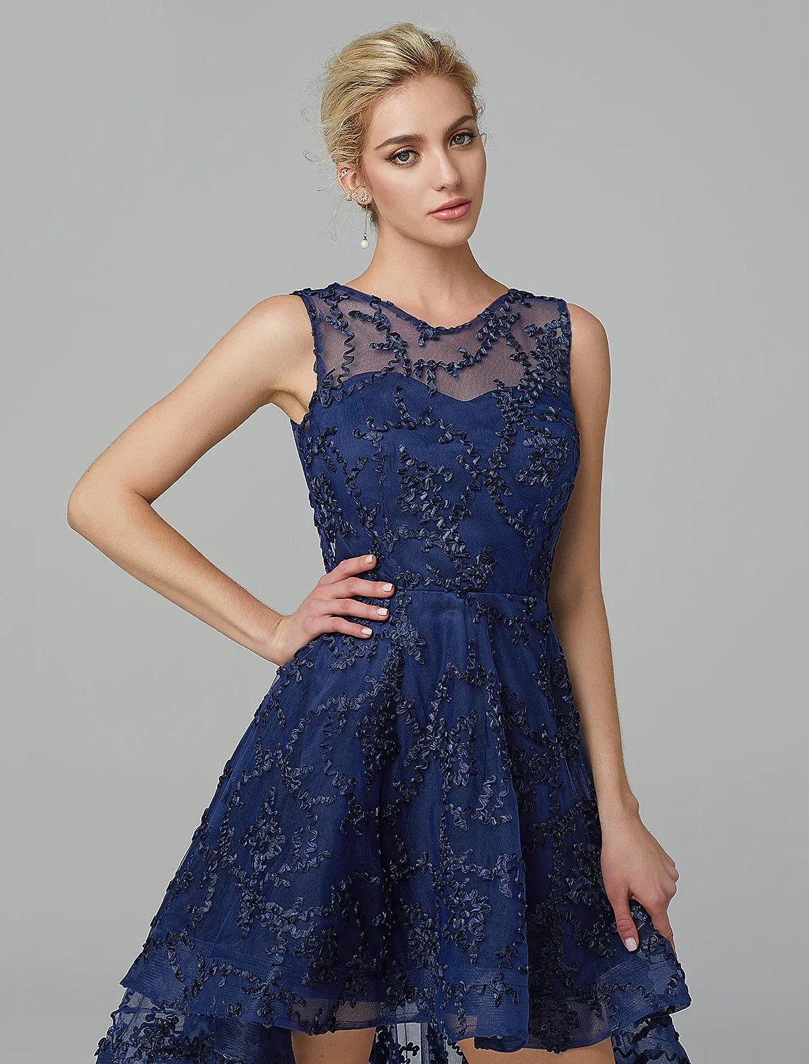 Hot Dress Wedding Guest Cocktail Party Asymmetrical Sleeveless Illusion Neck with Appliques