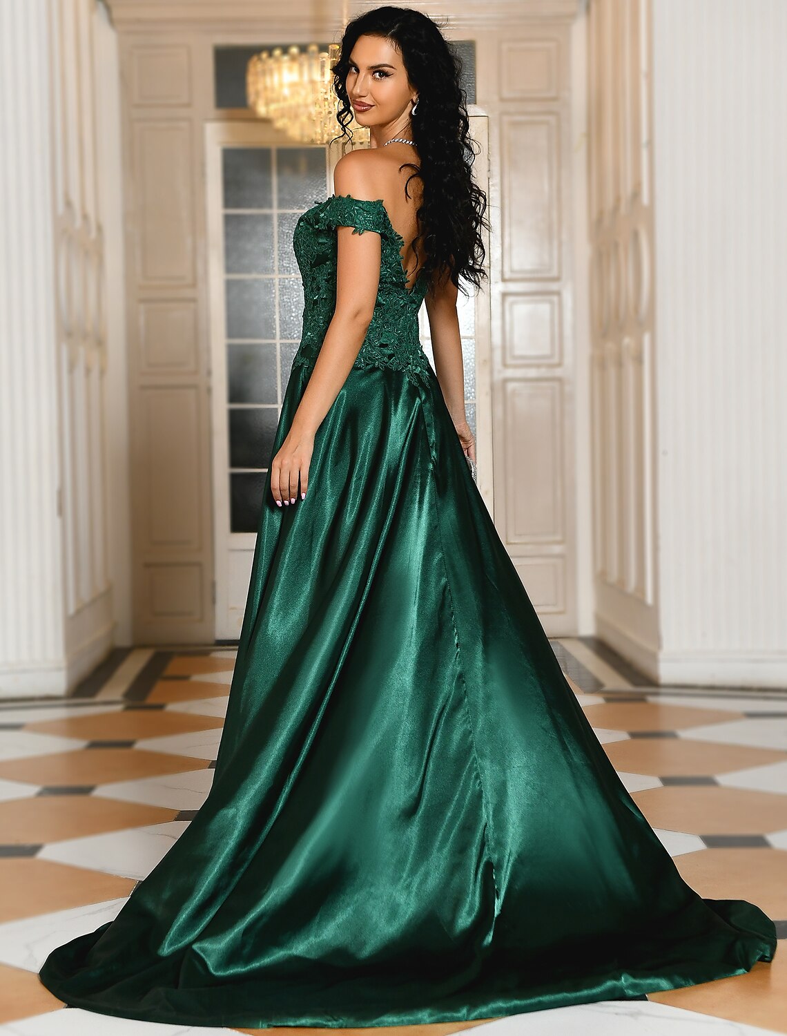 High Split Prom Formal Evening Dress Off Shoulder Short Sleeve Sweep / Brush Train with Slit Appliques